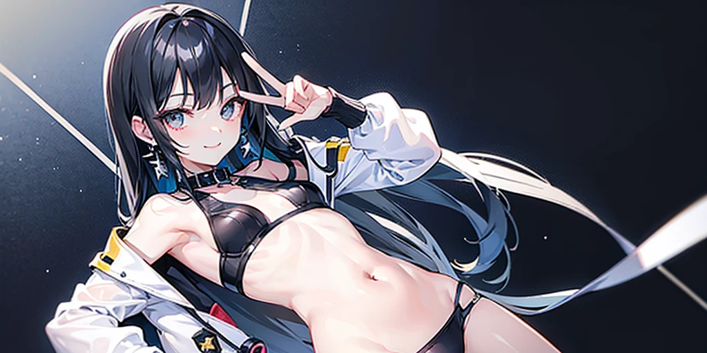 (Small breasts),(Long Hair),(Black Hair),Belly button,small silver earrings,Black collar,smile、Double peace sign near face,female,
