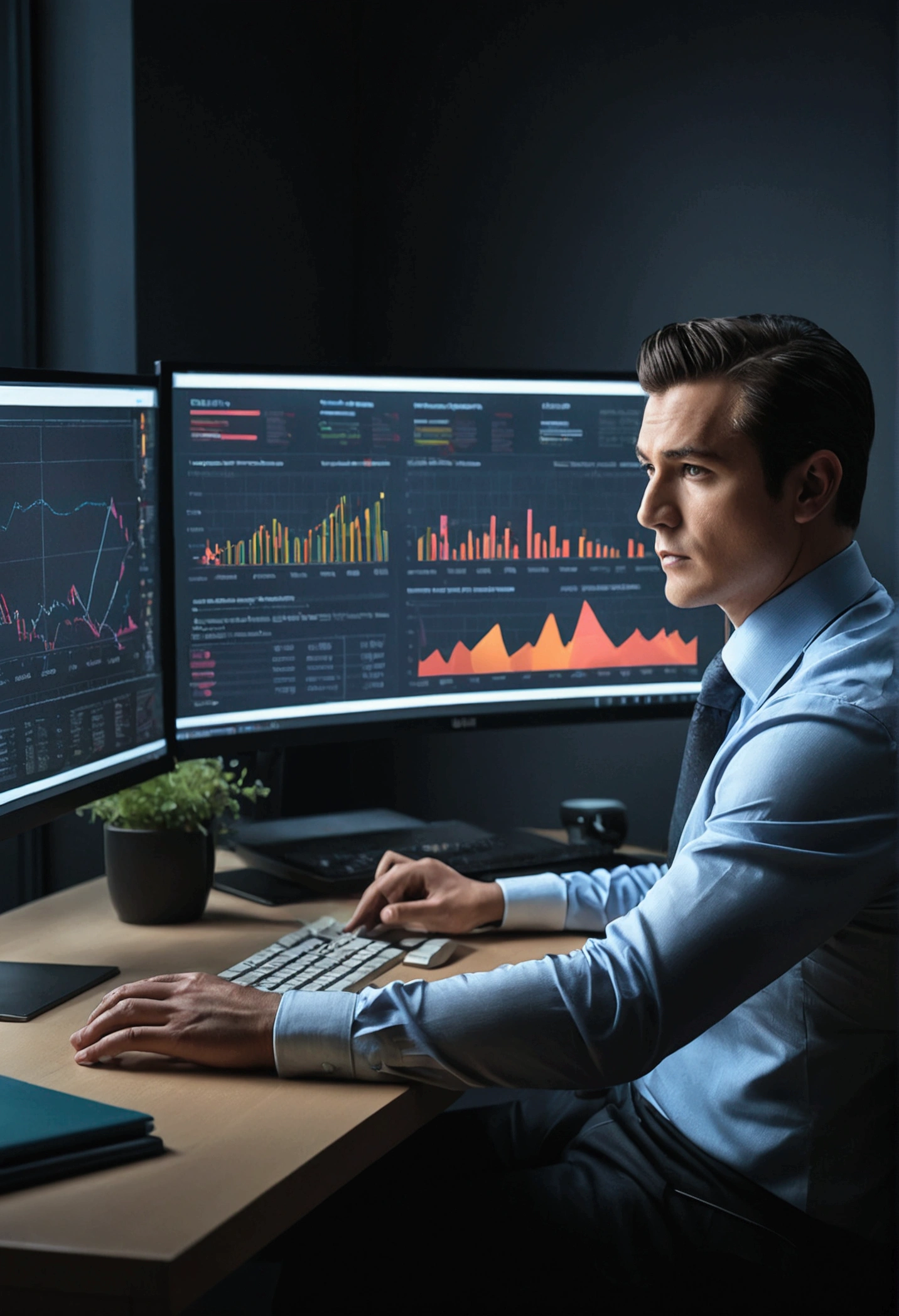 A professional photography style image of a data analyst working on a high-resolution monitor, displaying intricate data charts and graphs, hyper realistic, UHD, 1 person, sitting at desk, business attire, serious expression, focused on work, data visualization, complex infographics, modern office interior, studio lighting, cinematic composition, dramatic shadows, muted color palette, photorealistic rendering, ultra detailed, sharp focus