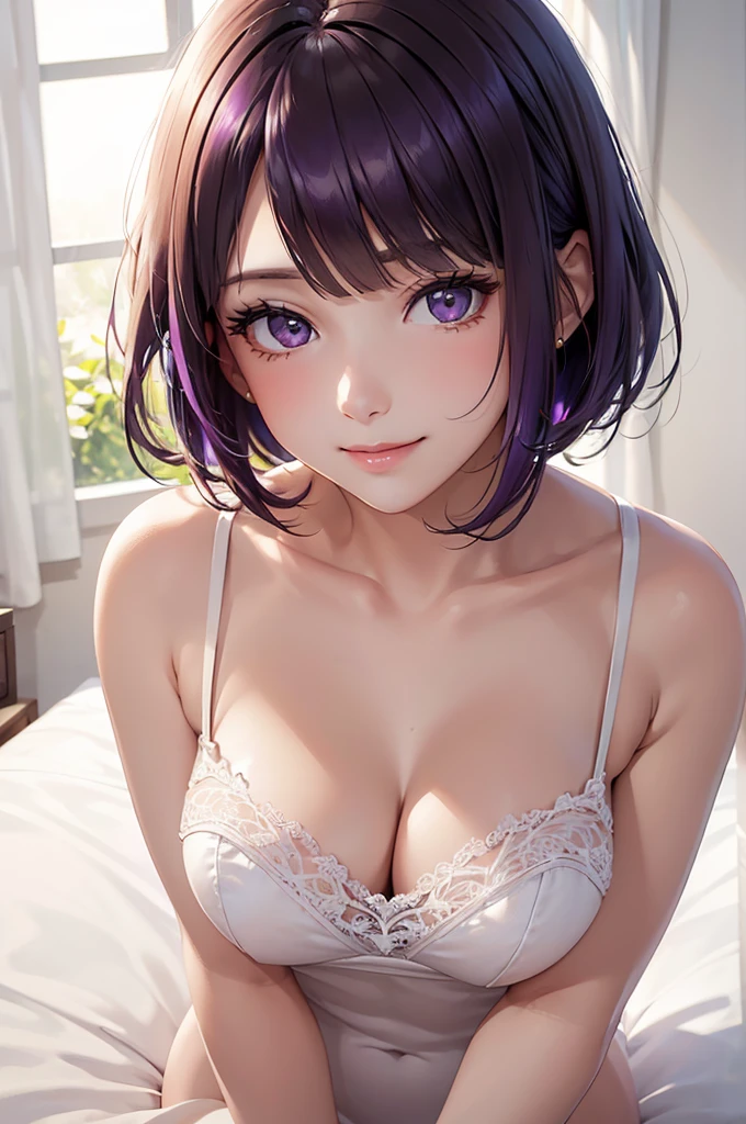 Best Quality,High resolution,8K,finelity detailed background,Masterpiece:1.2),beautiful girl,Shiny purple hair,bob cut,blunt bangs,Purple Eyes,Gentle look,A refreshing look,smile,Best quality,Best Quality,Aesthetic and aesthetic:1.2,Best details((Super detailed))(High-definition CG illustrations),Upper Body, White underwear,(white intricate lace),Slender body,morning,sunlight,Bedroom,On the bed,smile,blush,cute,Scrounge,Looking up,Being spoiled,super model,wariza,shoot from,below