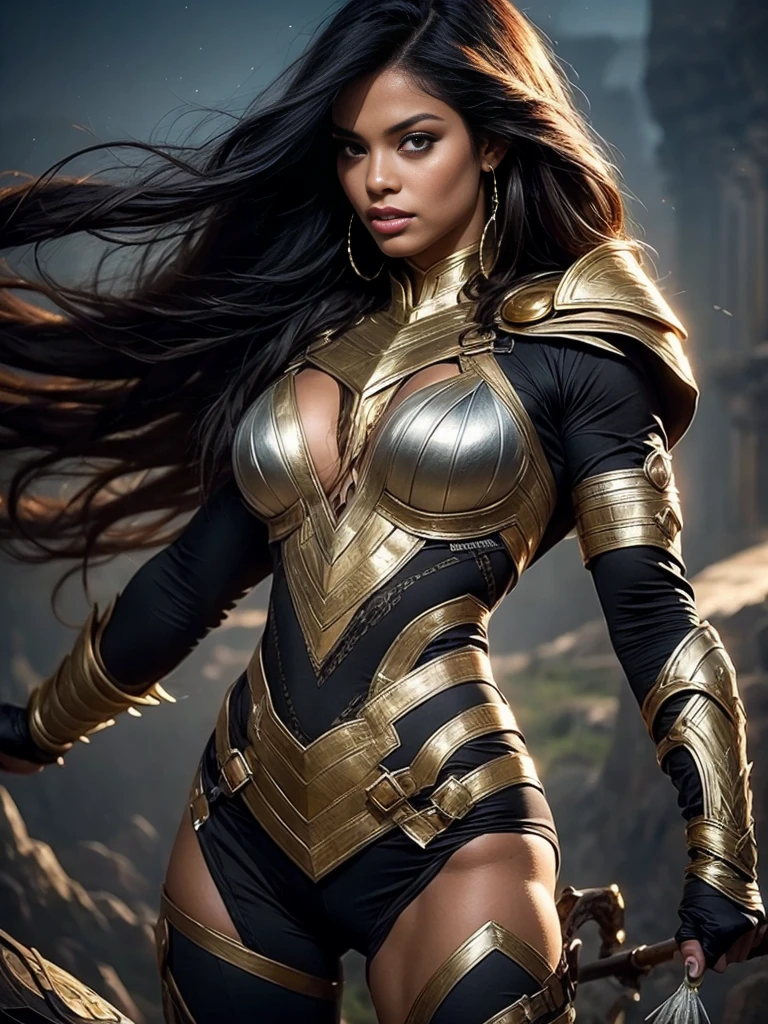 Ebony model as a Asgard,valkyrie,Upper Body shot,green eyes,long flowing black hair, fitness muscular woman, Senhora Cavaleiro,elaborate decorative silver battle armor,Anatomia correta, epic fantasy digital art, masterpiece,8k,high-definition resolution,desenho detalhado,Qualidade Superior,, Epic composition, muscular body