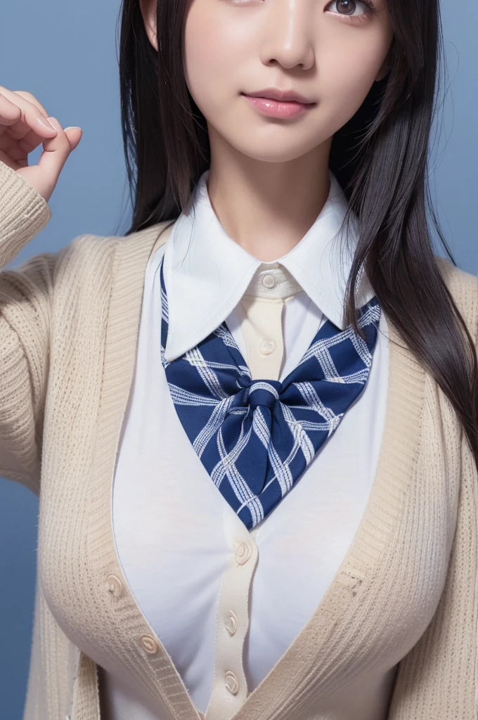 alone、high school girl、natural body shape、white skin、natural makeup、black hair、bangs、straight long hair、、(((Girls' High School Uniform))) 、(((beige cardigan、white blouse with collar、Blue plaid tie)))、(((ID photo)))、(((blue background)))、((The upper body is wearing a uniform))、((body facing forward))、((look at the camera))、((head to shoulders portrait))、(Portrait from the shoulder up)、smile with your mouth closed、focus on face、(((close up of face)))、((bare breasts))、((show off nipple))