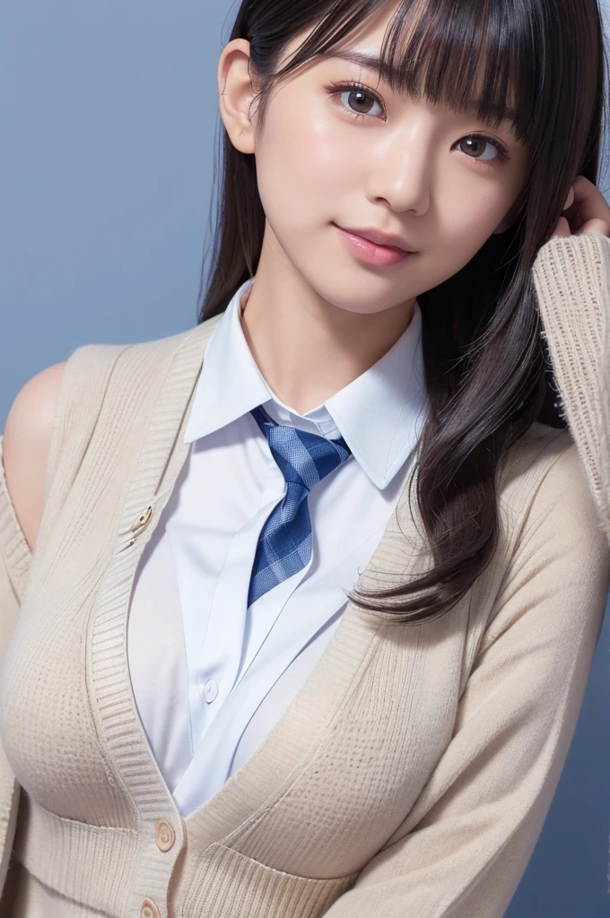 alone、high school girl、natural body shape、white skin、natural makeup、black hair、bangs、straight long hair、、(((Girls' High School Uniform))) 、(((beige cardigan、white blouse with collar、Blue plaid tie)))、(((ID photo)))、(((blue background)))、((The upper body is wearing a uniform))、((body facing forward))、((look at the camera))、((head to shoulders portrait))、(Portrait from the shoulder up)、smile with your mouth closed、focus on face、(((close up of face)))、((bare breasts))、((show off nipple))