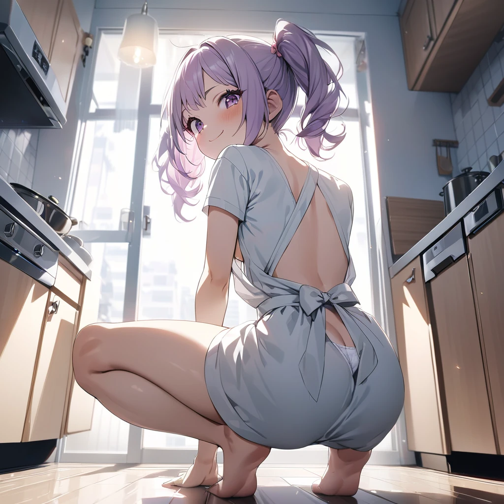 masterpiece, ultra detailed, 8K, solid blue Skyscrapers background, full body shot, Angle looking up from below.happy, a girl, kawaii, light atmosphere, mysterious atmosphere, (Cute a mesugaki girl:1.5), (a girl from back, panties, no bra T-shirt, shoulder blades showing on the back, apron, bare feet, light purple hair, smiling face looking back, look at viewer, nervous smile, apartment kitchen, pigtails,,fullbody shot :1.4),A mischievous smile, fangs, licking lips,
(masterpiece:1.3), anime visual, (Lovey-dovey:1.5), (tilt head:1.3), extremely delicate face, soft clean focus, realistic lighting and shading, (an extremely delicate and beautiful art:1.3), elegant, (muted colors:1.1), small breast,slim,Angle from the ground, a girl squatting,look at viewer,from front, focus white panty,Sitting on the viewer's face, looking down on the viewer,