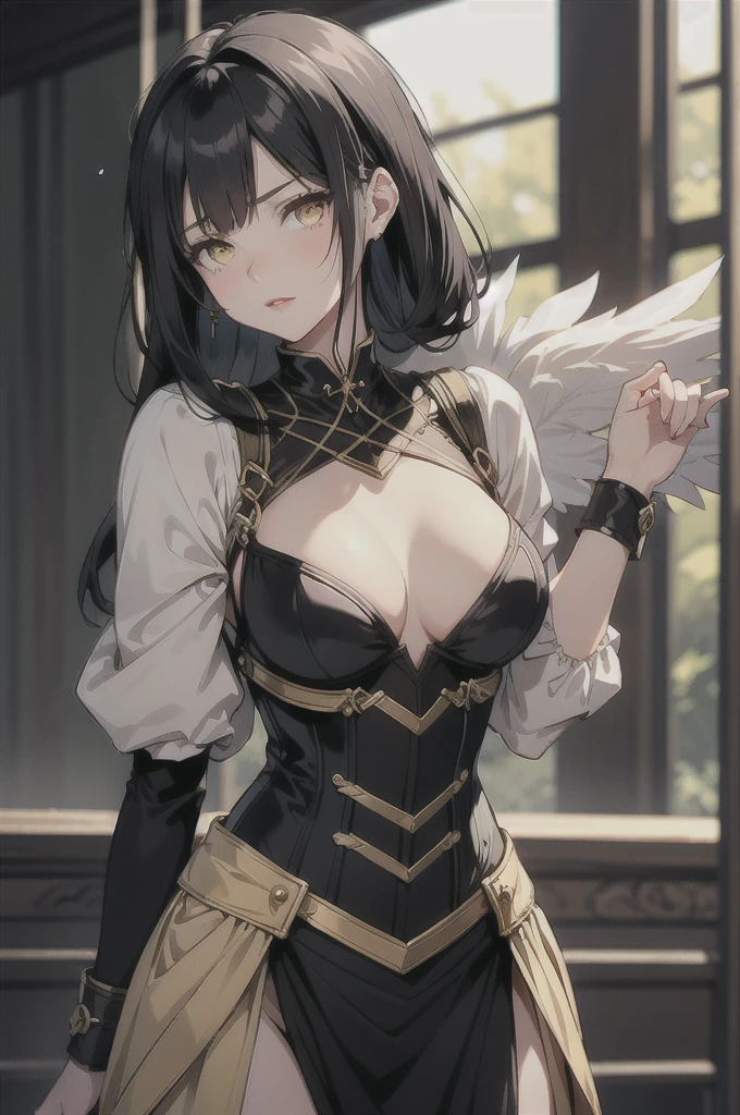 best quality, masterpiece, (extremely delicate and beautiful:1.2),
blurry background, looking at viewer,
1girl, solo, fashi-girl, red lips, blush, bdsm, bodysuit, corset, shibari, handcuffs, collar, (suspension:1.6), breasts out, bound arms, arms behind back, restrained, leaning forward, yellow eyes, black hair, glowing eyes yellow