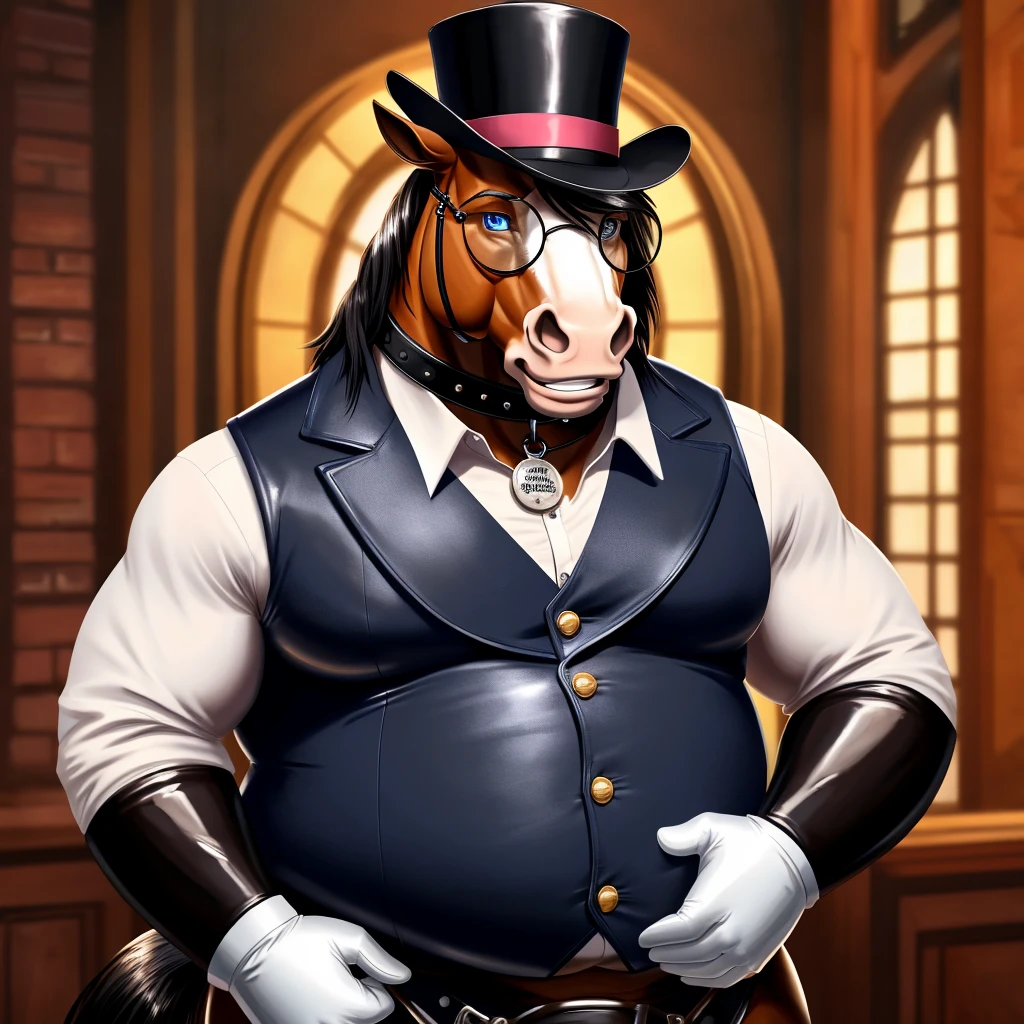 Solo, Male, fat, extremely obese, gentleman, dapper Professor Horse, blue eyes, (posing:1.3), (soft shading), 4k, hi res, ((detailed face, detailed)), looking at viewer, mouth wide open, steampunk, collared shirt with buttons, top hat, male focus, Explorer Outfit, glasses, monocle, vest with buttons, sleeves rolled up, round eyewear, brown headwear, brown vest, Horse is wearing a glossy leather dog collar around the neck, Horse is wearing the leather collar and shirt and vest at the same time, Horse is wearing glossy white rubber gloves on the hands, wearing white rubber gloves on the feet, gloves are rubber in texture, clenching teeth, clenching fists, leather collar is glossy and shiny with a lot of detail, Horse is wearing gloves and leather collar at the same time, leather collar has a round dog-tag, leather collar is thick and detailed, leather collar is glossy and shiny, fancy clothing, dapper vest, dapper shirt, leather collar is thick, glossy leather collar.
