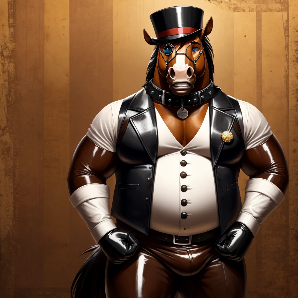 Solo, Male, fat, extremely obese, gentleman, dapper Professor Horse, blue eyes, (posing:1.3), (soft shading), 4k, hi res, ((detailed face, detailed)), looking at viewer, mouth wide open, steampunk, collared shirt with buttons, top hat, male focus, Explorer Outfit, glasses, monocle, vest with buttons, sleeves rolled up, round eyewear, brown headwear, brown vest, Horse is wearing a glossy leather dog collar around the neck, Horse is wearing the leather collar and shirt and vest at the same time, Horse is wearing glossy white rubber gloves on the hands, wearing white rubber gloves on the feet, gloves are rubber in texture, clenching teeth, clenching fists, leather collar is glossy and shiny with a lot of detail, Horse is wearing gloves and leather collar at the same time, leather collar has a round dog-tag, leather collar is thick and detailed, leather collar is glossy and shiny, fancy clothing, dapper vest, dapper shirt, leather collar is thick, glossy leather collar.