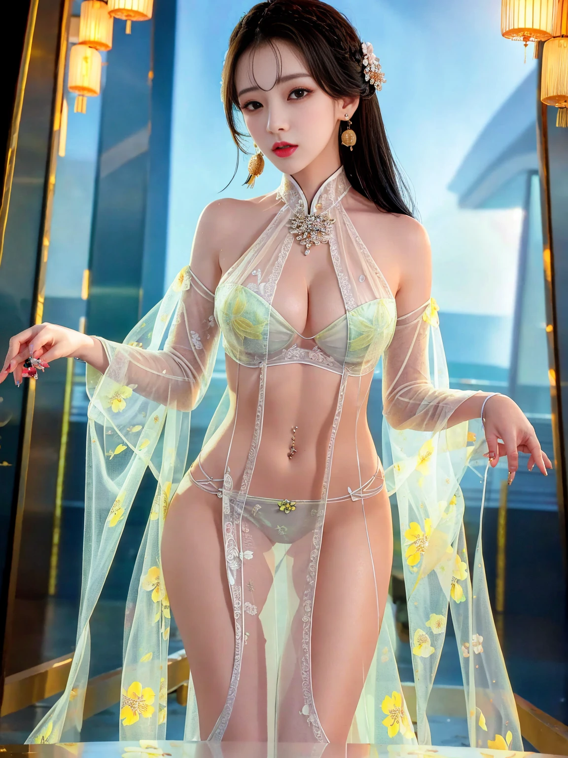 Top quality, masterpiece, high resolution, Chinese,,,,On the banks of the river,,,,,,On the banks of the river,,,,,,,,,,,,,,,,,naked,,stand erect,,,,,,,,,,,,,,,,,,,2girl,,,2girl, charming appearance and personality, big body, extremely sexy, ,,,,Floral print ,, ,Floral print,, Light yellow floral fragments,,(transparent ), large hollow see-through, beautiful and delicate face, (desire figure) perfect slim figure (nipple slip: 0.5), perfect white skin,stand erect,,Smooth black long hair,,,,Black Hair