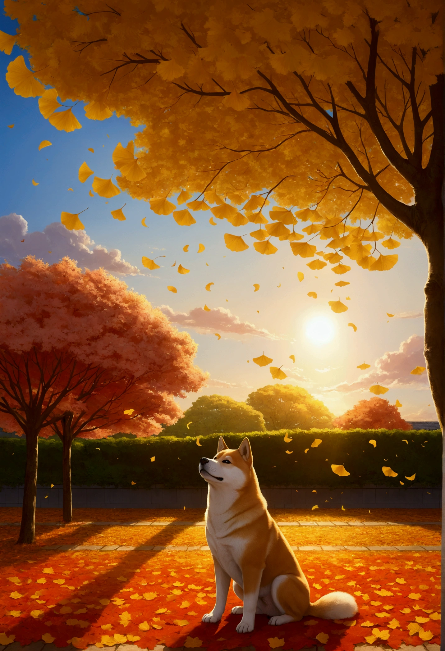 Makoto Shinkai Taste, Beautiful sunset sky, Shiba Inu puppy,Ginkgo tree in full bloom,Autumn leaves tree in full bloom,Scattered ginkgo leaves, Falling autumn leaves,Healing scenes, Wide angle、