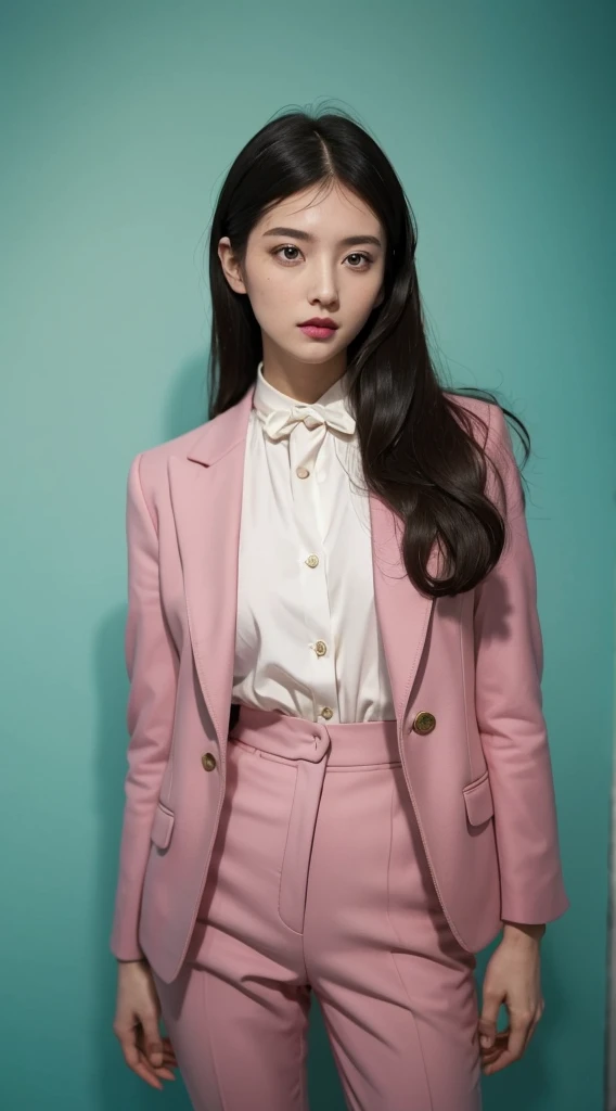 Vogue Style Photoshoot, clarity, 4K, 8K, Detail, In fact, Beautiful girl, Wear a dark pastel blazer, underwear, pastel pants, black lips, dark long hair mullet haircut, perfect body, femur, stand, pose standing, medium chest, Wes Anderson Style, pastle color background in Wes Anderson Style