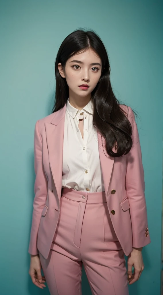 Vogue Style Photoshoot, clarity, 4K, 8K, Detail, In fact, Beautiful girl, Wear a dark pastel blazer, underwear, pastel pants, black lips, dark long hair mullet haircut, perfect body, femur, stand, pose standing, medium chest, Wes Anderson Style, pastle color background in Wes Anderson Style
