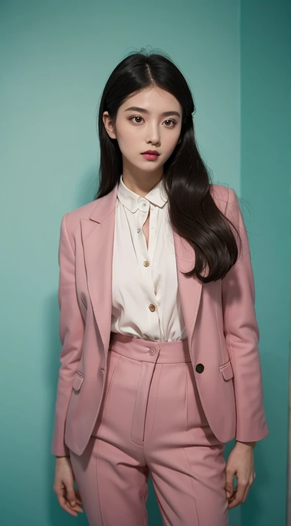 Vogue Style Photoshoot, clarity, 4K, 8K, Detail, In fact, Beautiful girl, Wear a dark pastel blazer, underwear, pastel pants, black lips, dark long hair mullet haircut, perfect body, femur, stand, pose standing, medium chest, Wes Anderson Style, pastle color background in Wes Anderson Style