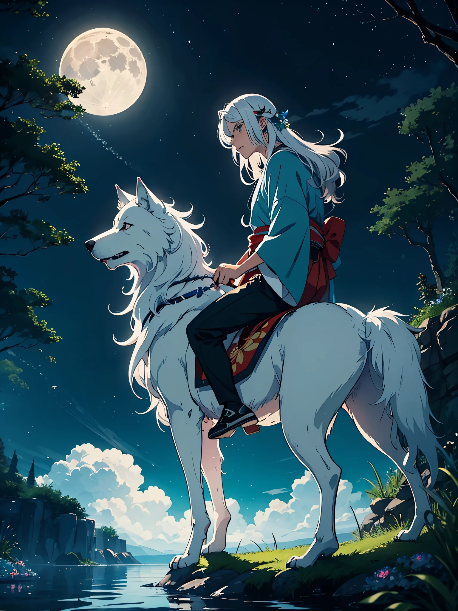 Riding a wolf. Kimono! Big Wolf. day lights. More anime. light blue light. Bright bright light. magical. Moon. Sitting on a big white wolf. Lightening flowers. More anime. male. Blue flowers. Long hair. long white hair. aquatic, boy, God of the Moon, silver hair accessories, White hair. 