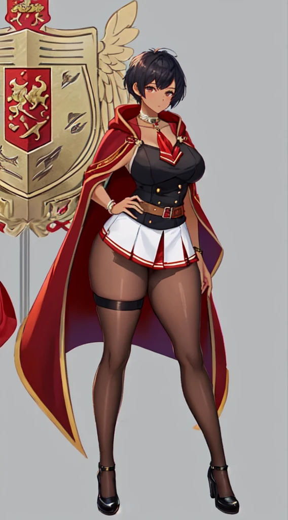 (tall) big breasts,((curvy thighs)) ((full body)) 1girl,tomboy (pixie cut),black hair, tan brown skin (masterpiece,mature,detailed, high quality)Hogwarts House Gryffindor ((long red cloak)), red tie, black mini skirt, black vest silver eagle chain around the neck, Hogwarts in the background, (looking at you)))