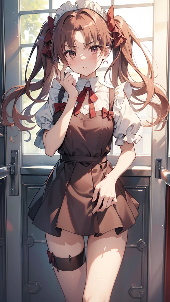 (highest quality, 8K, masterpiece, best image quality, ultra hd, delicate and smooth skin, real looking skin, perfect and beautiful face ,perfect and cute face, high detail skin, perfect limbs、thin waist、thin legs)、NSFW、grumpy face、twin tails、brown hair、red ribbon、(Maid clothes)、locker room、