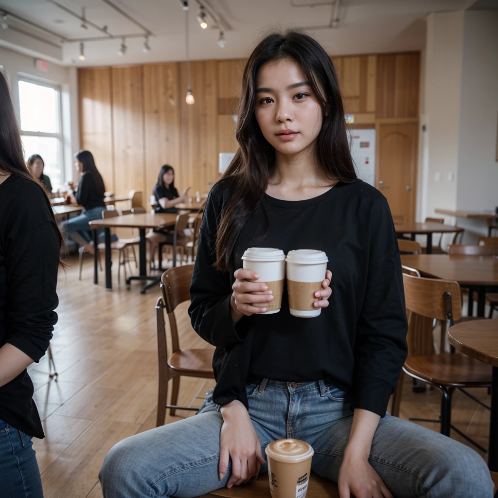 A very beautiful Chinese woman, 20 years old, is drinking coffee in the cafeteria, she has long straight hair that is wavy at the ends, she is wearing a black shirt and jeans, ultra realistic 8k