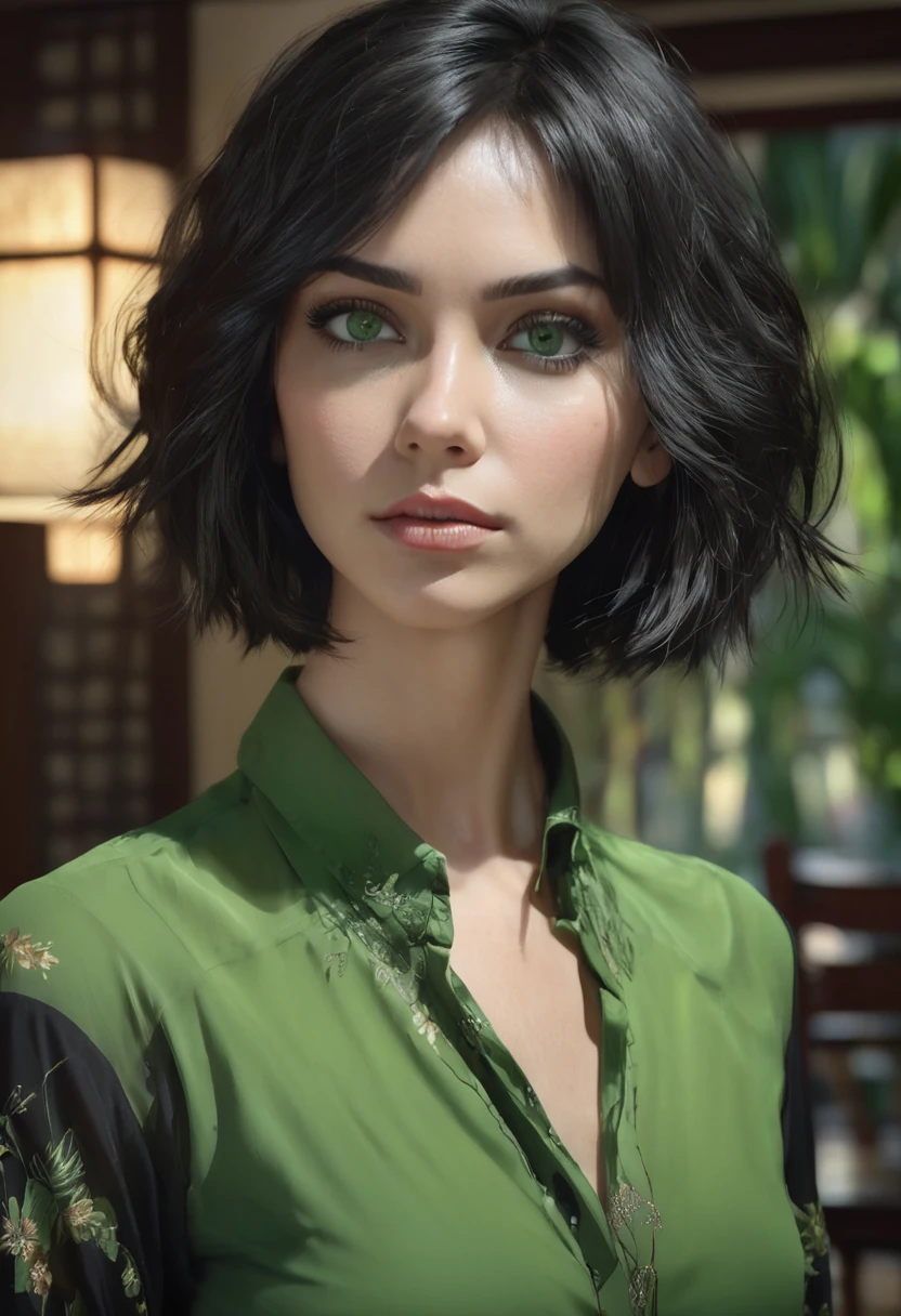 1 woman, inside a room with rock decor, wearing a modern green blouse, detailed facial features, detailed female green eyes, detailed light skin, black asymmetrical short hair, soft lighting, serious expression on the face, cold cinematic composition, atmosphere dark, charming face, beautiful, delicate chin, pretty girl, 20 years old (best quality, 4K, 8K, high resolution, art: 1.2), ultra-detailed, (realistic, photorealistic, photorealistic: 1.37 )