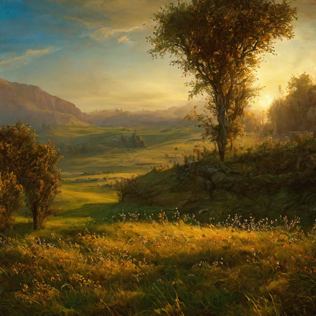 arafed view of a field with trees and bushes in the foreground, a matte painting by Carl Rahl, flickr, tonalism, intricate foreground, dramatic warm morning light, dramatic cold light, beautifully lit landscape, warm beautiful scene, extremely beautiful and ethereal, cold but beautiful, amazing landscape, beautiful!!!, gorgeous composition, marc adamus, dramatic morning light
