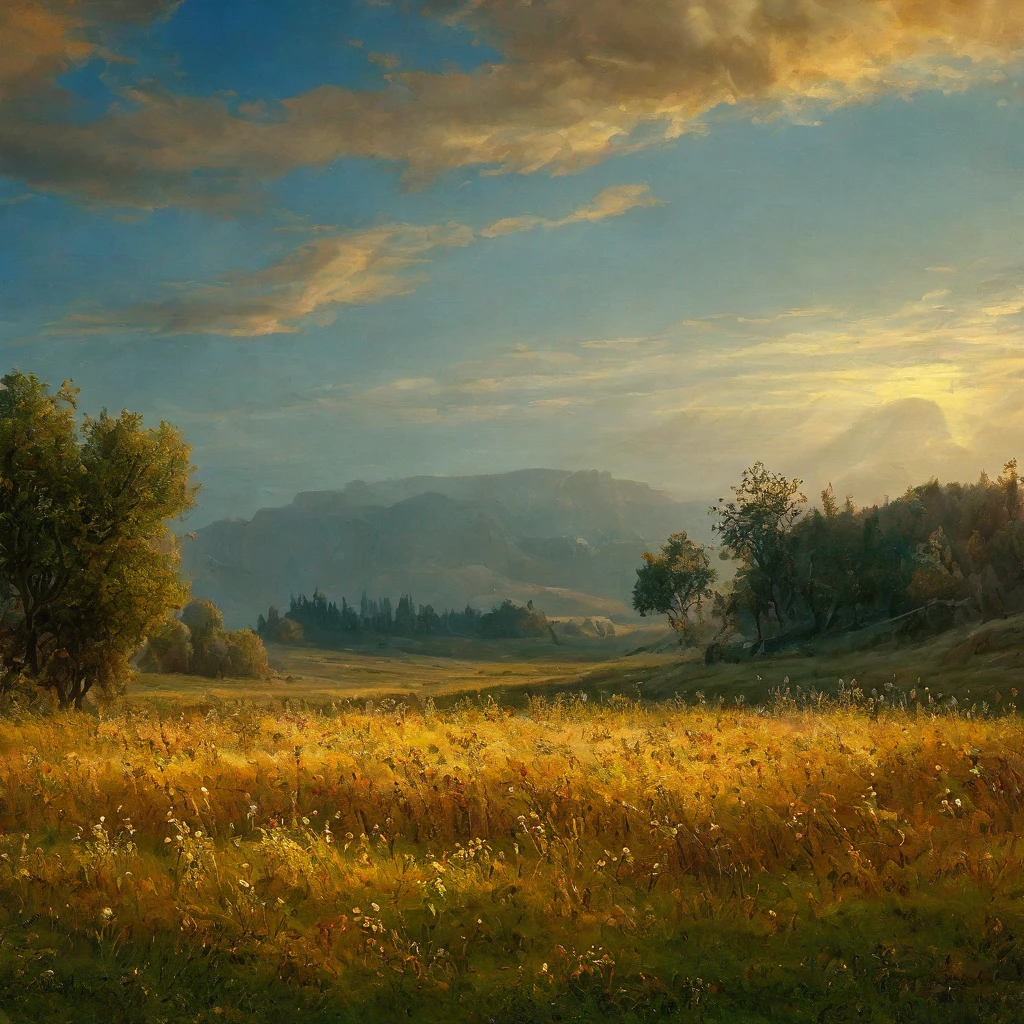 arafed view of a field with trees and bushes in the foreground, a matte painting by Carl Rahl, flickr, tonalism, intricate foreground, dramatic warm morning light, dramatic cold light, beautifully lit landscape, warm beautiful scene, extremely beautiful and ethereal, cold but beautiful, amazing landscape, beautiful!!!, gorgeous composition, marc adamus, dramatic morning light