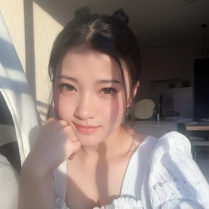 There was a woman sitting,hand on chin, 8k selfie photograph, xintong chen, young pale and beautiful asian face, with a cute face - beautiful, 19 years old, ruan father vtuber, beautiful aesthetic face, selfie of a young woman, small heart-shaped face, Xisionwu, lindo rosto delicado