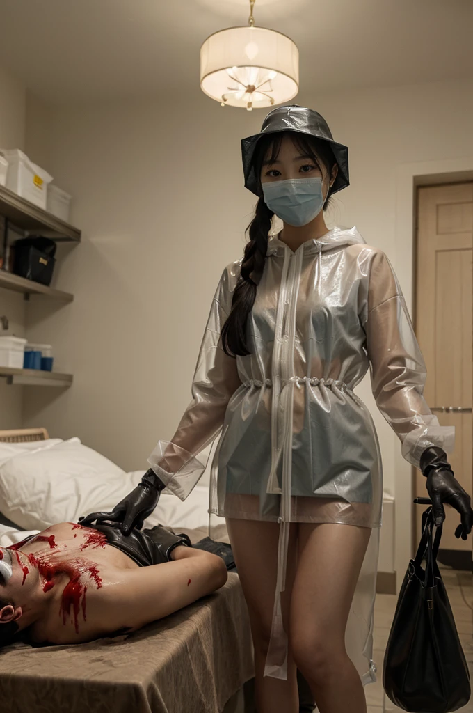 korean girl, (behind corpse, surgical mask), blood splatter, holding knife, stabbing, gloves, room full of blood, transparent raincoat, leather bucket hat, holding knife, gloves, behind corpse, ponytail, night, mass murderer, robbery, in the hotel,
