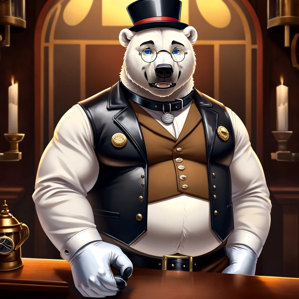 Solo, Male, fat, extremely obese, gentleman, dapper Professor Polar Bear, blue eyes, (posing:1.3), (soft shading), 4k, hi res, ((detailed face, detailed)), looking at viewer, mouth wide open, steampunk, collared shirt with buttons, top hat, male focus, Explorer Outfit, glasses, monocle, vest with buttons, sleeves rolled up, round eyewear, brown headwear, brown vest, Polar Bear is wearing a glossy leather dog collar around the neck, Polar Bear is wearing the leather collar and shirt and vest at the same time, Polar Bear is wearing glossy white rubber gloves on the hands, wearing white rubber gloves on the feet, gloves are rubber in texture, clenching teeth, clenching fists, leather collar is glossy and shiny with a lot of detail, Polar Bear is wearing gloves and leather collar at the same time, leather collar has a round dog-tag, leather collar is thick and detailed, leather collar is glossy and shiny, fancy clothing, dapper vest, dapper shirt, leather collar is thick, glossy leather collar.
