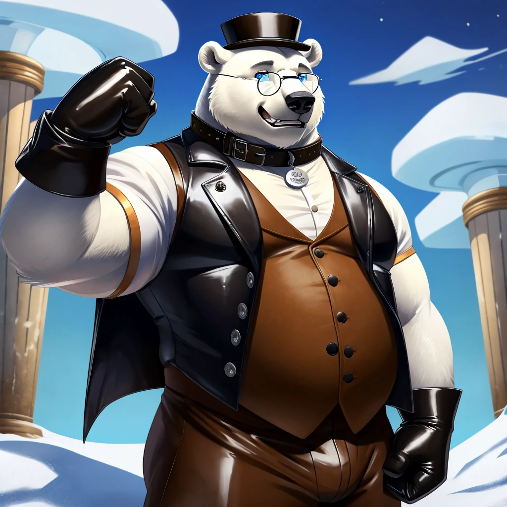 Solo, Male, fat, extremely obese, gentleman, dapper Professor Polar Bear, blue eyes, (posing:1.3), (soft shading), 4k, hi res, ((detailed face, detailed)), looking at viewer, mouth wide open, steampunk, collared shirt with buttons, top hat, male focus, Explorer Outfit, glasses, monocle, vest with buttons, sleeves rolled up, round eyewear, brown headwear, brown vest, Polar Bear is wearing a glossy leather dog collar around the neck, Polar Bear is wearing the leather collar and shirt and vest at the same time, Polar Bear is wearing glossy white rubber gloves on the hands, wearing white rubber gloves on the feet, gloves are rubber in texture, clenching teeth, clenching fists, leather collar is glossy and shiny with a lot of detail, Polar Bear is wearing gloves and leather collar at the same time, leather collar has a round dog-tag, leather collar is thick and detailed, leather collar is glossy and shiny, fancy clothing, dapper vest, dapper shirt, leather collar is thick, glossy leather collar.