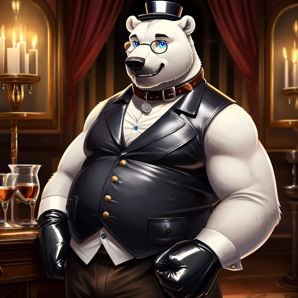 Solo, Male, fat, extremely obese, gentleman, dapper Professor Polar Bear, blue eyes, (posing:1.3), (soft shading), 4k, hi res, ((detailed face, detailed)), looking at viewer, mouth wide open, steampunk, collared shirt with buttons, top hat, male focus, Explorer Outfit, glasses, monocle, vest with buttons, sleeves rolled up, round eyewear, brown headwear, brown vest, Polar Bear is wearing a glossy leather dog collar around the neck, Polar Bear is wearing the leather collar and shirt and vest at the same time, Polar Bear is wearing glossy white rubber gloves on the hands, wearing white rubber gloves on the feet, gloves are rubber in texture, clenching teeth, clenching fists, leather collar is glossy and shiny with a lot of detail, Polar Bear is wearing gloves and leather collar at the same time, leather collar has a round dog-tag, leather collar is thick and detailed, leather collar is glossy and shiny, fancy clothing, dapper vest, dapper shirt, leather collar is thick, glossy leather collar.