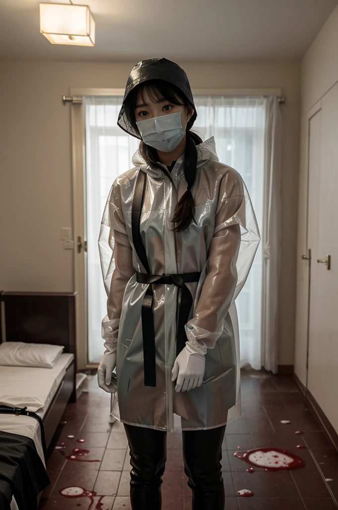 korean girl, (behind corpse, surgical mask), blood splatter, holding knife, stabbing, gloves, room full of blood, transparent raincoat, leather bucket hat, holding knife, gloves, behind corpse, ponytail, night, mass murderer, robbery, in the hotel,