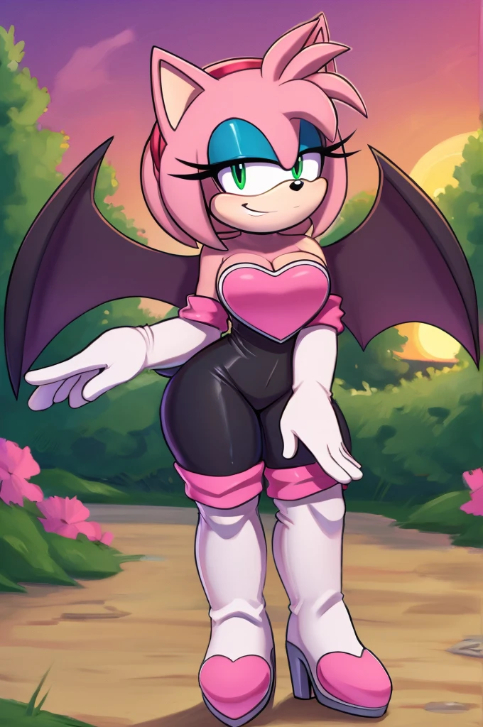 score_9, score_8_up, 2D, flat color, looking at viewer, (1girl), (solo), very detailed, extremely detailed, Amy Rose from the sonic the hedgehog series, portrait, smug expression, hair down, hair bangs, large bust, milf, Rouge cosplay, cosplay, Rouge the Bat outfit, she wears a black skin-tight and strapless low-cut jumpsuit, a pink heart-shaped chest plate outlined with thin white trim, elbow-length white gloves and thigh-high high-heeled boots with pink cuffs to match them, with the latter featuring both gray soles and heels, along with steel toes in the appearance of pink hearts, matching her jumpsuit's chest plate, Standing up , filled with trees and flowers, sunset, Masterpiece, high quality