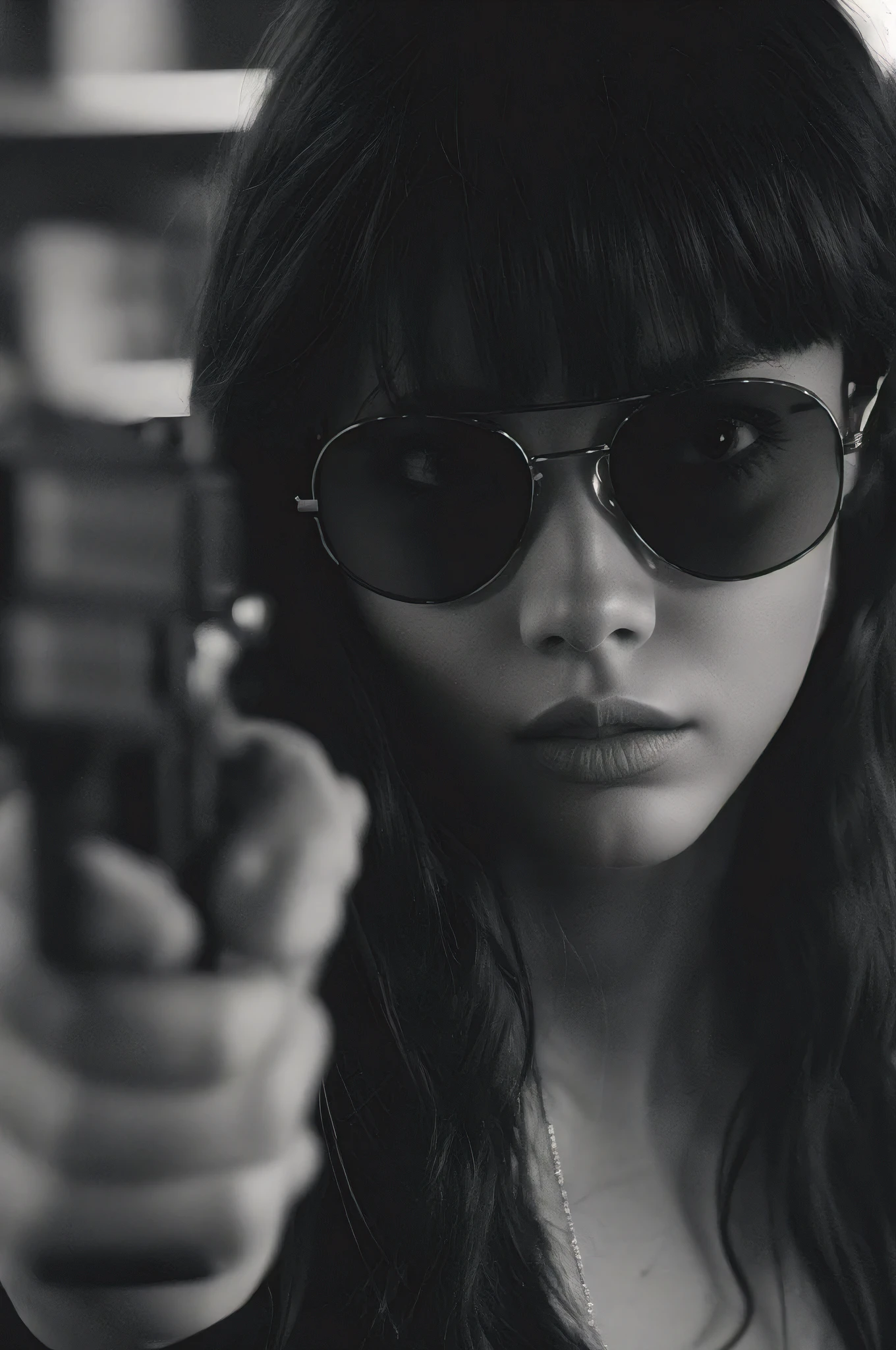 realistic detailed headshot portrait of a young woman wearing stylish black sunglasses, holding a handgun, dramatic high contrast black and white, cinematic Quentin Tarantino film noir style, intense expression, moody dramatic lighting, rich chiaroscuro, masterpiece, ultra-detailed