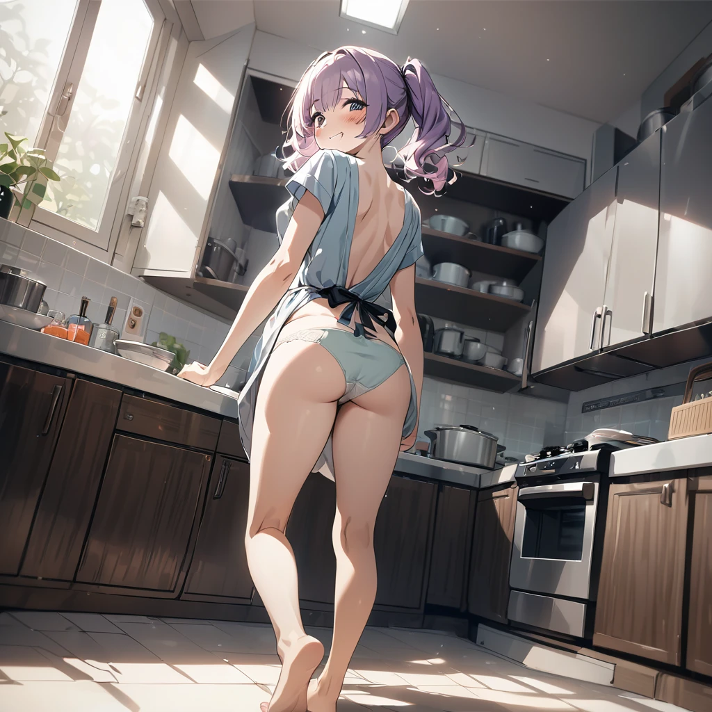 masterpiece, ultra detailed, 8K, solid blue Skyscrapers background, full body shot, Angle looking up from below.happy, a girl, kawaii, light atmosphere, mysterious atmosphere, (Cute a mesugaki girl:1.5), (a girl from back, panties, no bra T-shirt, shoulder blades showing on the back, apron, bare feet, light purple hair, smiling face looking back, look at viewer, nervous smile, apartment kitchen, pigtails,,fullbody shot :1.4),A mischievous smile, fangs, licking lips,
(masterpiece:1.3), anime visual, (Lovey-dovey:1.5), (tilt head:1.3), extremely delicate face, soft clean focus, realistic lighting and shading, (an extremely delicate and beautiful art:1.3), elegant, (muted colors:1.1), small breast,slim,Angle from the ground, 