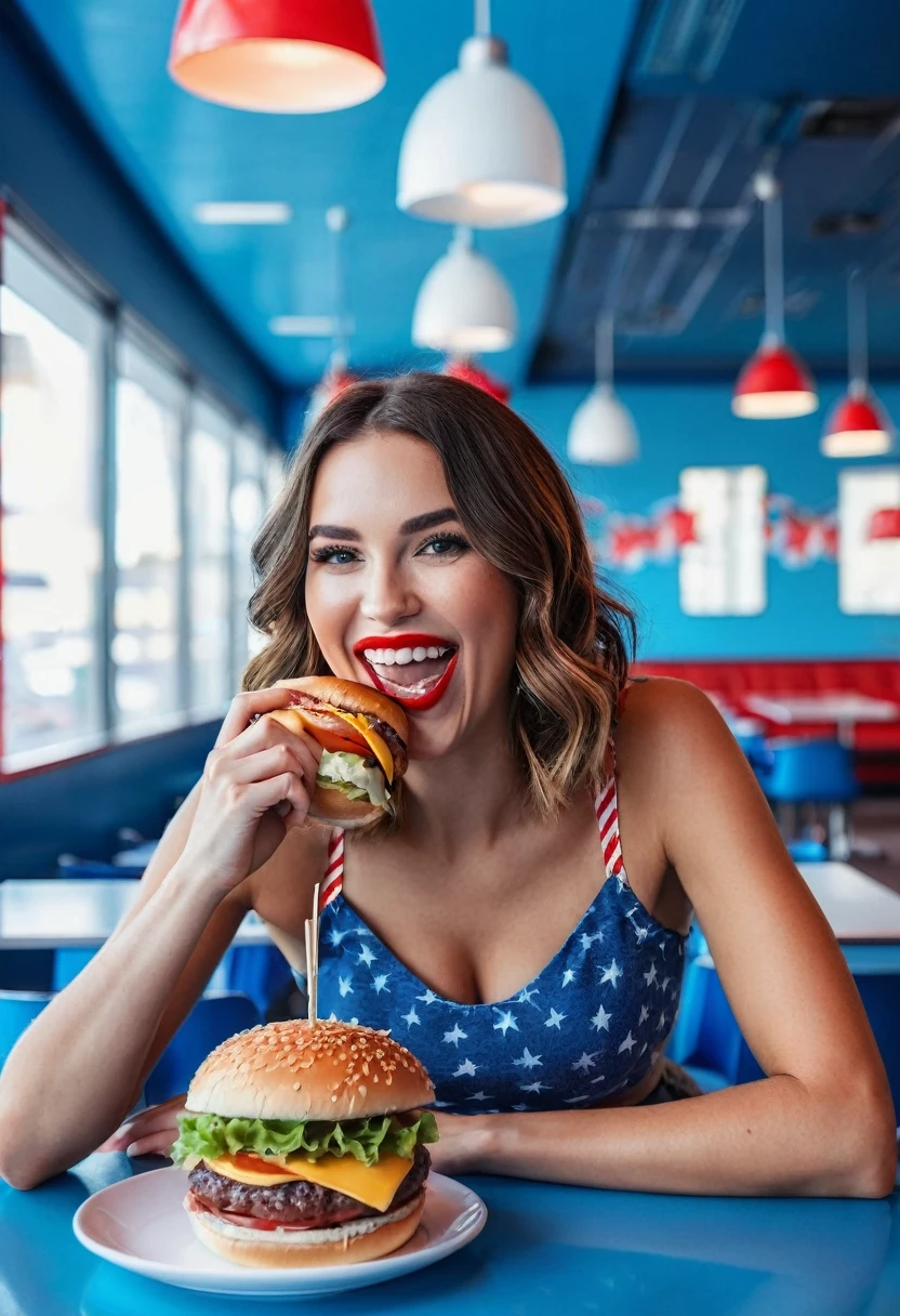 30-year-old America woman eating burger in modern cafeteria with blue and red decorated interior. She is happy, Looking at the camera. A highly detailed, a photo of.