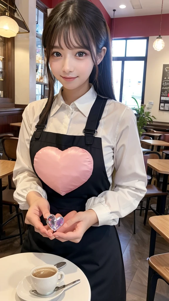 A senior in love working at a cafe　Cafe uniform　front　Holding a heart-shaped crystal in both hands