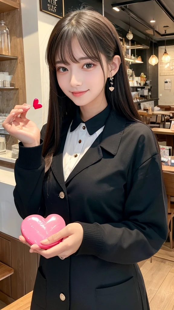A senior in love working at a cafe　Cafe uniform　front　Holding a heart-shaped crystal in both hands