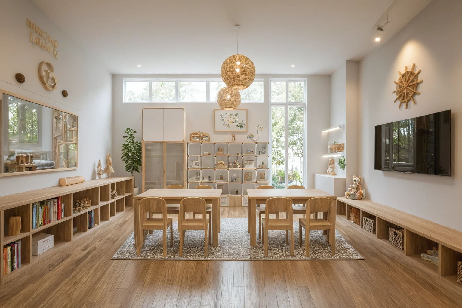 A nature-inspired kindergarten interior design can create a warm, calming, and engaging environment for young learners. The design includes soft colors, natural materials, plush fabrics, and geometric patterns. Furniture should be organic, with clean lines and shapes, and natural elements like plants and driftwood. Nature-themed artwork and educational posters can reinforce the theme. Natural lighting, such as large windows and skylights, can be used, along with warm, soft fixtures, Interior Design, (modern interior space), (modern furniture design), (space that realistically describes the modern interior of a townhouse), (soft warm led light), (circle spotlight), (indoor), (neutral white tone color), (white wall), (An Cuong Wooden Furniture minimalist Style), (An Cuong wood with MDF surface glued with melamine coating), (architectural design visualization), (reflection), (focus on object), (material normal bump real reflection), (multi-level reflection), (chao vantage software visualization render),(((Best Quality))), ((Masterpiece)), ((best illustration)), ((best shadows)), (( Super Detail)), (Intricate lines), (Photorealism),(hyper detail), ((archdaily)), ((award winning design)), (dynamic light), ((spotlight)), (perfect light), ( shimering light), ((photorealistic)), ((intricate detail)), ((extreme detail)), ((crazy detail)), ((octane render)), ((trending on artstation)), ((High- fidelity)), ((Viwvid)), ((Crisp)), ((Bright)), ((Stunning)), ((Eye-catching)), ((High-quality)),((Sharp)), ((day sun environment)), ((Illuminating)), ((Flawless)), ((High-quality)),((Sharp edge render)), ((medium soft lighting)), ((photographic render)) , ((detailed archviz)), ((reality environment))
