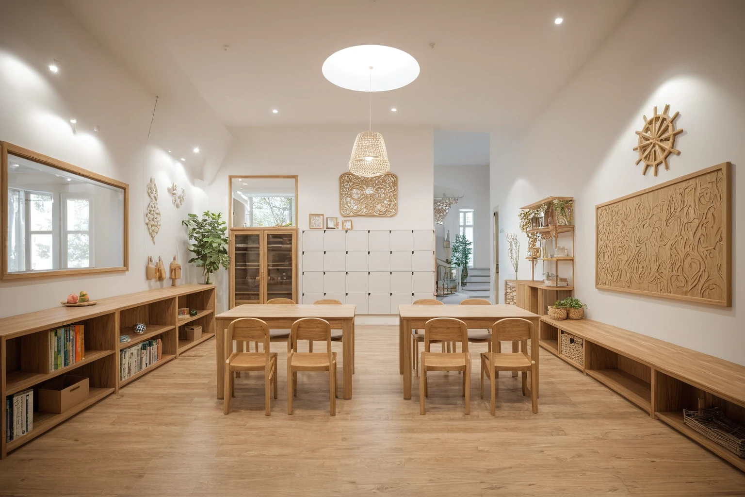 A nature-inspired kindergarten interior design can create a warm, calming, and engaging environment for young learners. The design includes soft colors, natural materials, plush fabrics, and geometric patterns. Furniture should be organic, with clean lines and shapes, and natural elements like plants and driftwood. Nature-themed artwork and educational posters can reinforce the theme. Natural lighting, such as large windows and skylights, can be used, along with warm, soft fixtures, Interior Design, (modern interior space), (modern furniture design), (space that realistically describes the modern interior of a townhouse), (soft warm led light), (circle spotlight), (indoor), (neutral white tone color), (white wall), (An Cuong Wooden Furniture minimalist Style), (An Cuong wood with MDF surface glued with melamine coating), (architectural design visualization), (reflection), (focus on object), (material normal bump real reflection), (multi-level reflection), (chao vantage software visualization render),(((Best Quality))), ((Masterpiece)), ((best illustration)), ((best shadows)), (( Super Detail)), (Intricate lines), (Photorealism),(hyper detail), ((archdaily)), ((award winning design)), (dynamic light), ((spotlight)), (perfect light), ( shimering light), ((photorealistic)), ((intricate detail)), ((extreme detail)), ((crazy detail)), ((octane render)), ((trending on artstation)), ((High- fidelity)), ((Viwvid)), ((Crisp)), ((Bright)), ((Stunning)), ((Eye-catching)), ((High-quality)),((Sharp)), ((day sun environment)), ((Illuminating)), ((Flawless)), ((High-quality)),((Sharp edge render)), ((medium soft lighting)), ((photographic render)) , ((detailed archviz)), ((reality environment))