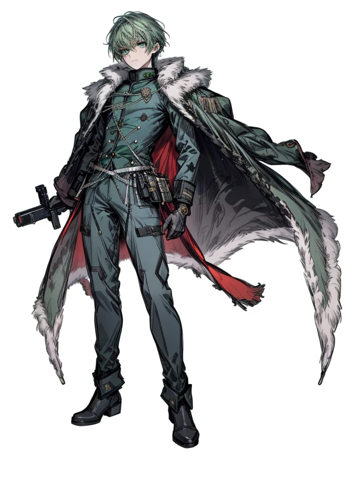 1boy ,blue-green hair, blue-green eyes, arctic military,polar, general, cape, fleece, nice clothes, (high resolution, high detail, best quality), sad