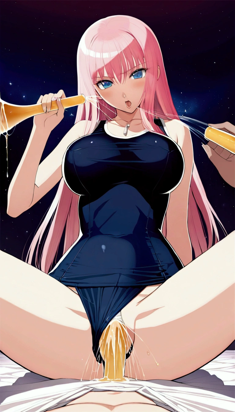 (Browsing Caution:1.5),{{Masterpiece}},{Detailed and beautiful depiction},Official Art,Beautiful adult woman 1,Megurine Luka,Pink long hair,blue eyes,Large breasts,School Swimsuit,(temptation expression),blush,Frontal subjective view,(Pee vigorously),(Mass Feeding),Squirting,Spread your legs,Pee posture,sit,Showing off her vagina up close,On the bed