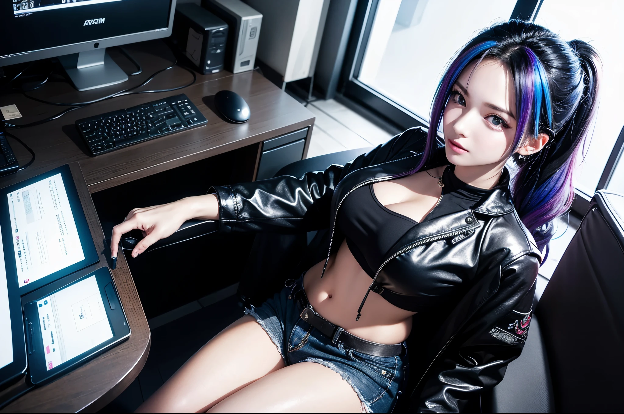 highest quality, 1 girl in dark room, beautiful lady, fine face, detailed eyes, sparkling eyes, eye reflection, long upper eyelashes, ((rainbow hair)), long messy hair, Top ponytail and wavy end, medium bust, plump breasts, fine texture skin, seductive Smile, light blush, break,
white crop tube top and anime printing leather jacket, make old black denim hot pants with Black thigh socks, gaming headphones, Diamond earrings, wristband, necklace, ring, ((squat on the chair in front of a computer)), Playing video games, Leaning forward, elated, Look at the computer, break,
background((Dark room, Hacker Room, Server room, neon lights, braces, notebook)), flight, Debris flying, writing border depth, Movie, break,
perfect image, best quality shadow, Photography art, visual art, Perfect photo, realistic anime, Verism, anime photo style, two tone lighting, cinematic lighting, soft lighting, chiaroscuro, ray tracing, 8K photo, CG unity, 8K UHD, masterpiece, Octane Render, 3D render, award winner,