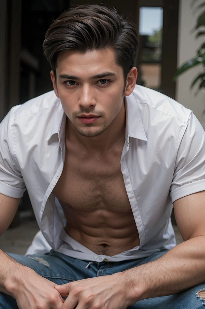Boy with open shirt buttons