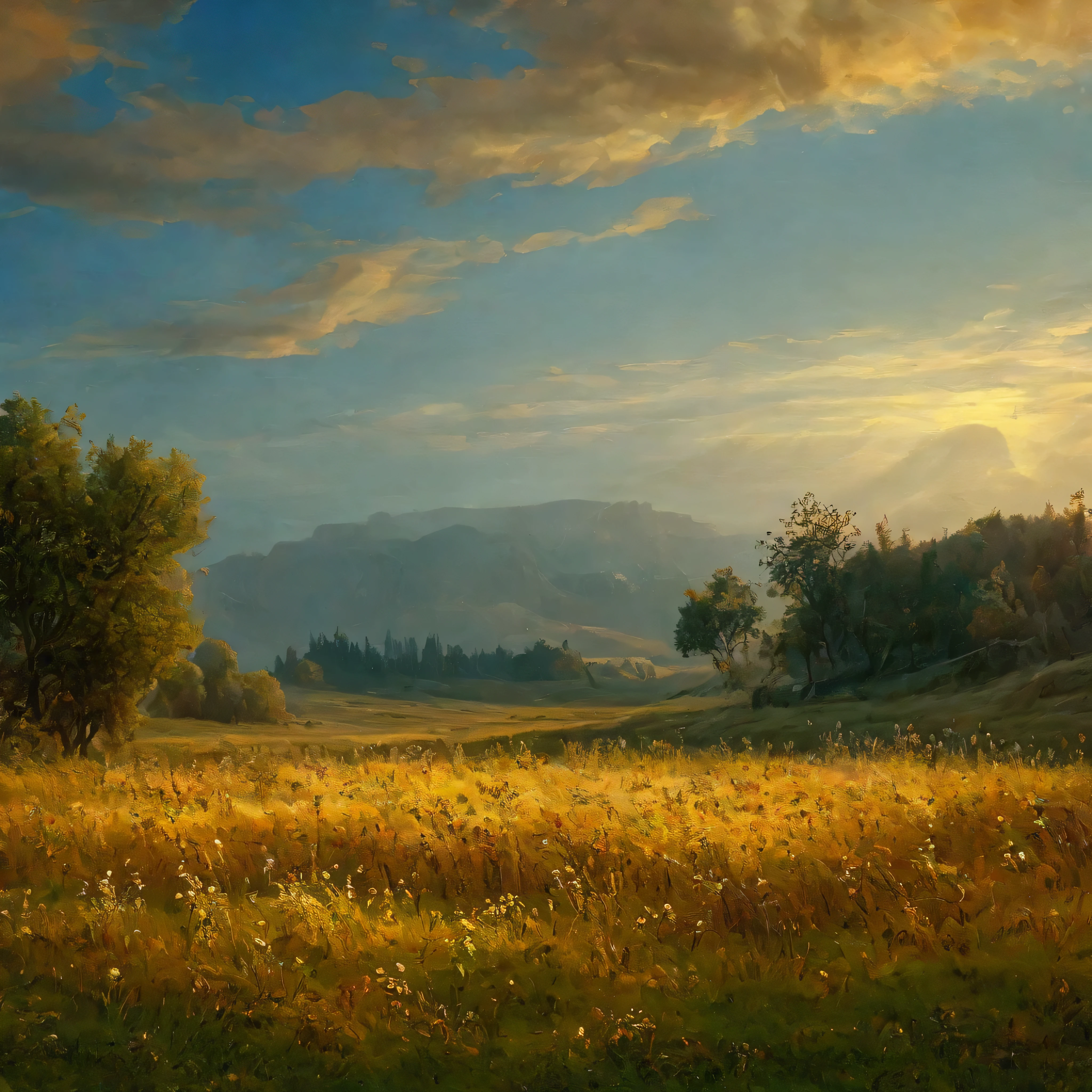 arafed view of a field with trees and bushes in the foreground, a matte painting by Carl Rahl, flickr, tonalism, intricate foreground, dramatic warm morning light, dramatic cold light, beautifully lit landscape, warm beautiful scene, extremely beautiful and ethereal, cold but beautiful, amazing landscape, beautiful!!!, gorgeous composition, marc adamus, dramatic morning light