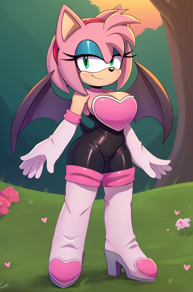 score_9, score_8_up, 2D, flat color, looking at viewer, (1girl), (solo), very detailed, extremely detailed, Amy Rose from the sonic the hedgehog series, portrait, seductive smile, hair down, hair bangs, large bust, milf, Rouge cosplay, cosplay, Rouge the Bat outfit, she wears a black skin-tight and strapless low-cut jumpsuit, a pink heart-shaped chest plate outlined with thin white trim, elbow-length white gloves and thigh-high high-heeled boots with pink cuffs to match them, with the latter featuring both gray soles and heels, along with steel toes in the appearance of pink hearts, matching her jumpsuit's chest plate, Standing up , filled with trees and flowers, sunset, Masterpiece, high quality