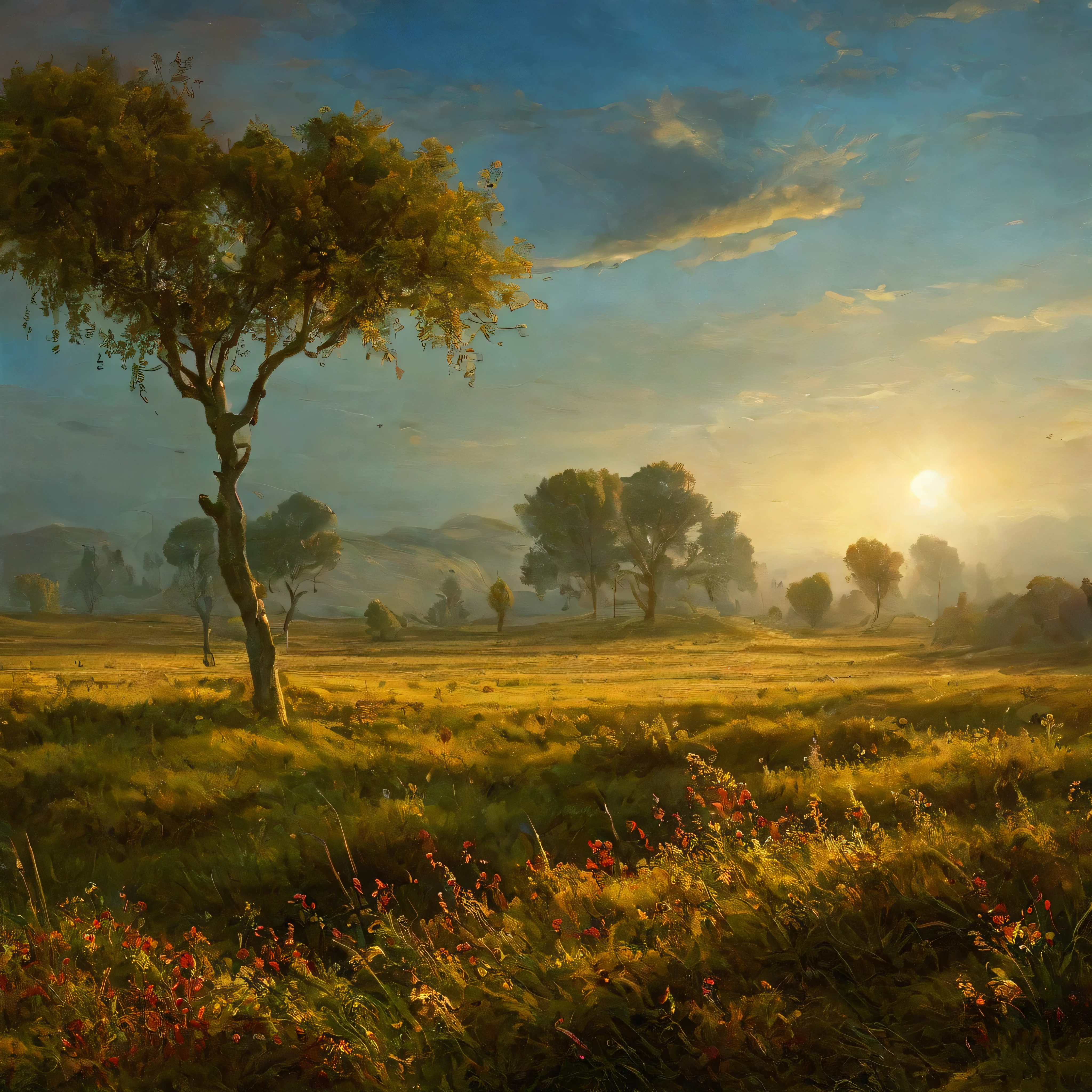 arafed view of a field with trees and bushes in the foreground, a matte painting by Carl Rahl, flickr, tonalism, intricate foreground, dramatic warm morning light, dramatic cold light, beautifully lit landscape, warm beautiful scene, extremely beautiful and ethereal, cold but beautiful, amazing landscape, beautiful!!!, gorgeous composition, marc adamus, dramatic morning light