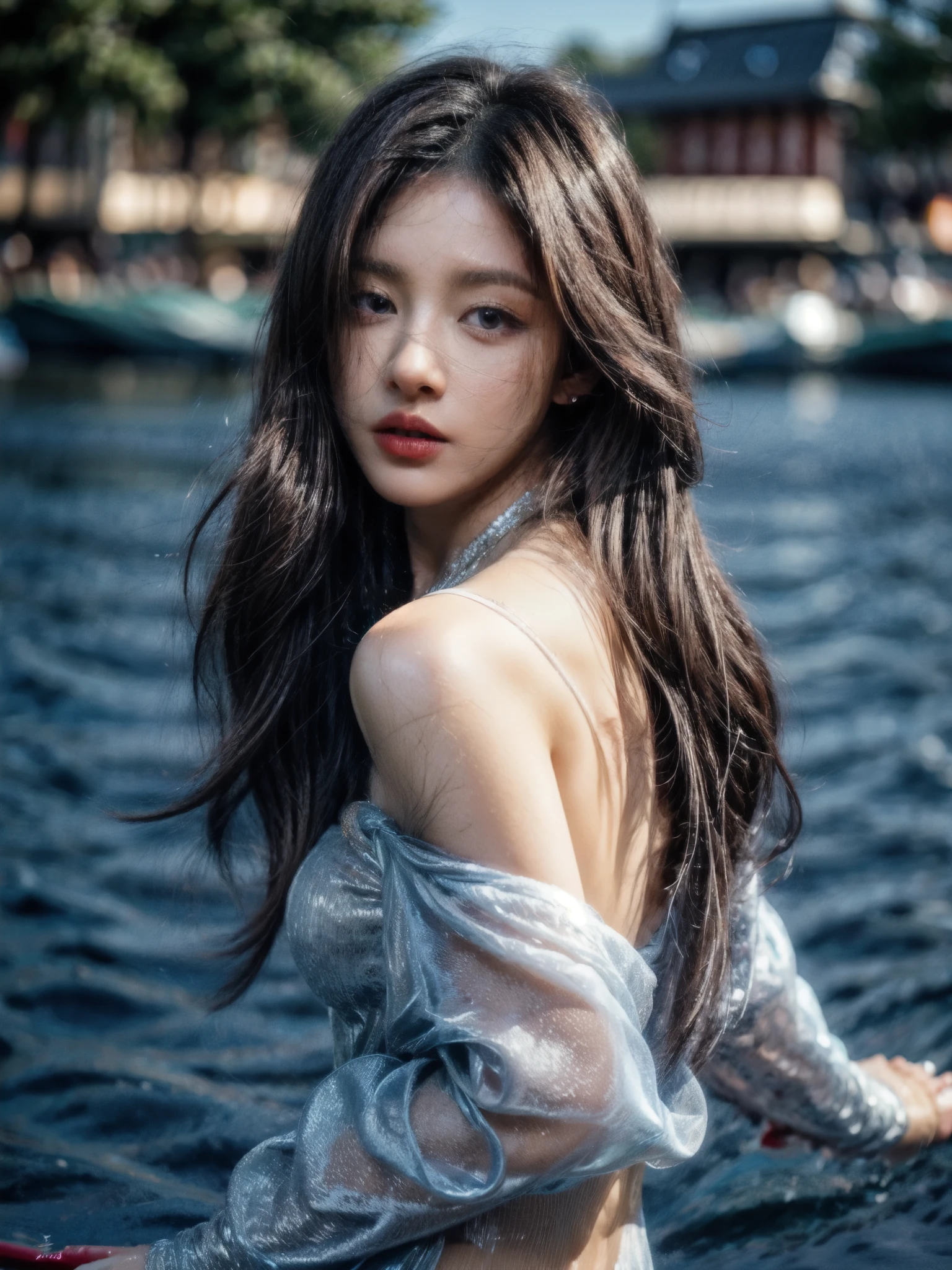 (masterpiece:1.2), best quality, high resolution, unity 8k wallpaper, (illustration:1.0), beautiful detailed eyes:, extremely detailed face, perfect lighting, extremely detailed CG,
1girl, black_eyes, black_hair, blue_background, blue_sky, brown_eyes, brown_hair, day, holding, lips, long_hair, looking_at_viewer, nose, ocean, outdoors, photorealistic, realistic, red_lips, solo, upper_body, sleeves_past_wrists,
