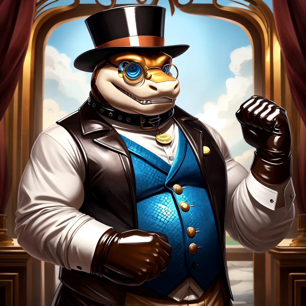 Solo, Male, fat, extremely obese, gentleman, dapper Professor Snake, blue eyes, (posing:1.3), (soft shading), 4k, hi res, ((detailed face, detailed)), looking at viewer, mouth wide open, steampunk, collared shirt with buttons, top hat, male focus, Explorer Outfit, glasses, monocle, vest with buttons, sleeves rolled up, round eyewear, brown headwear, brown vest, Snake is wearing a glossy leather dog collar around the neck, Snake is wearing the leather collar and shirt and vest at the same time, Snake is wearing glossy white rubber gloves on the hands, wearing white rubber gloves on the feet, gloves are rubber in texture, clenching teeth, clenching fists, leather collar is glossy and shiny with a lot of detail, Snake is wearing gloves and leather collar at the same time, leather collar has a round dog-tag, leather collar is thick and detailed, leather collar is glossy and shiny, fancy clothing, dapper vest, dapper shirt, leather collar is thick, glossy leather collar.