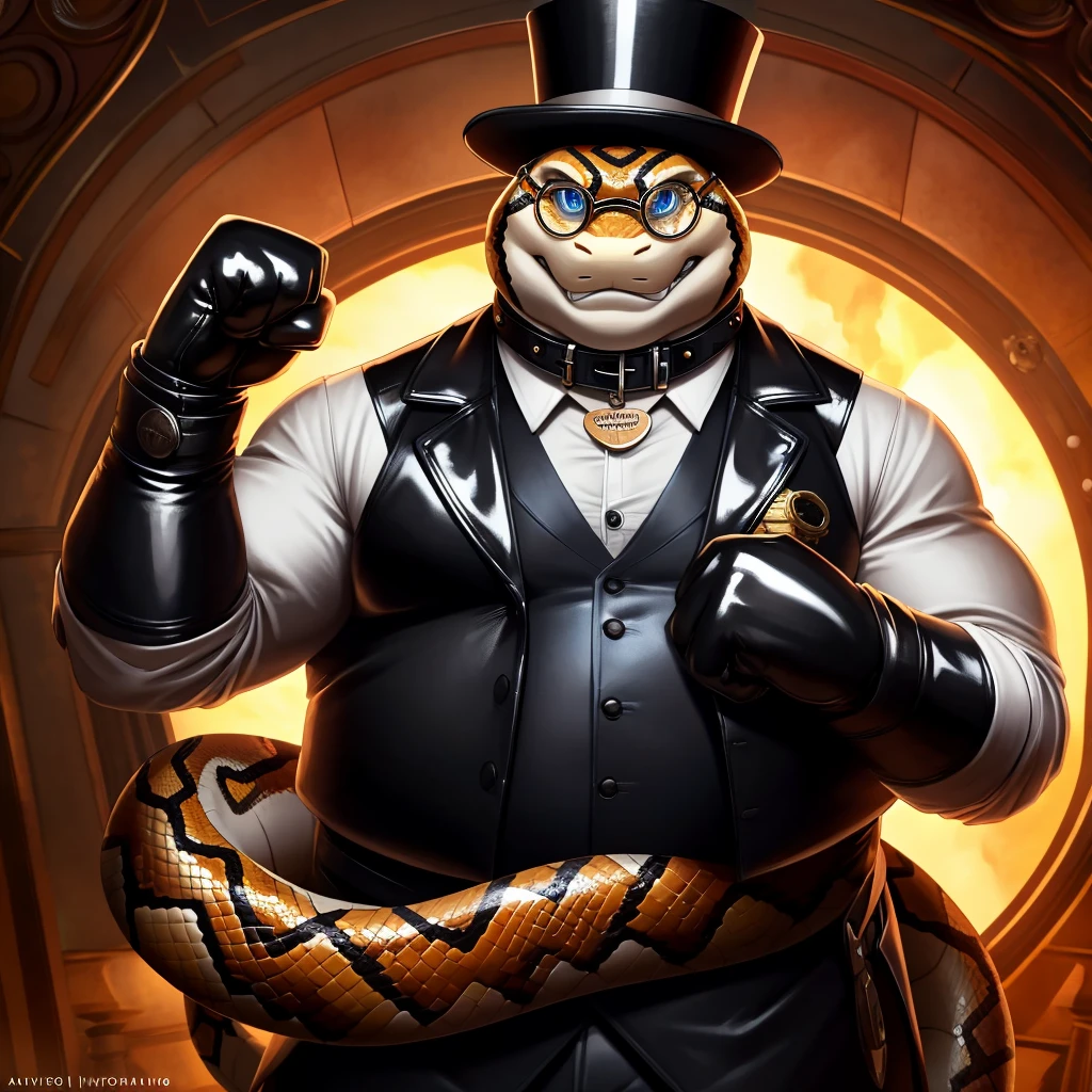 Solo, Male, fat, extremely obese, gentleman, dapper Professor Snake, blue eyes, (posing:1.3), (soft shading), 4k, hi res, ((detailed face, detailed)), looking at viewer, mouth wide open, steampunk, collared shirt with buttons, top hat, male focus, Explorer Outfit, glasses, monocle, vest with buttons, sleeves rolled up, round eyewear, brown headwear, brown vest, Snake is wearing a glossy leather dog collar around the neck, Snake is wearing the leather collar and shirt and vest at the same time, Snake is wearing glossy white rubber gloves on the hands, wearing white rubber gloves on the feet, gloves are rubber in texture, clenching teeth, clenching fists, leather collar is glossy and shiny with a lot of detail, Snake is wearing gloves and leather collar at the same time, leather collar has a round dog-tag, leather collar is thick and detailed, leather collar is glossy and shiny, fancy clothing, dapper vest, dapper shirt, leather collar is thick, glossy leather collar.