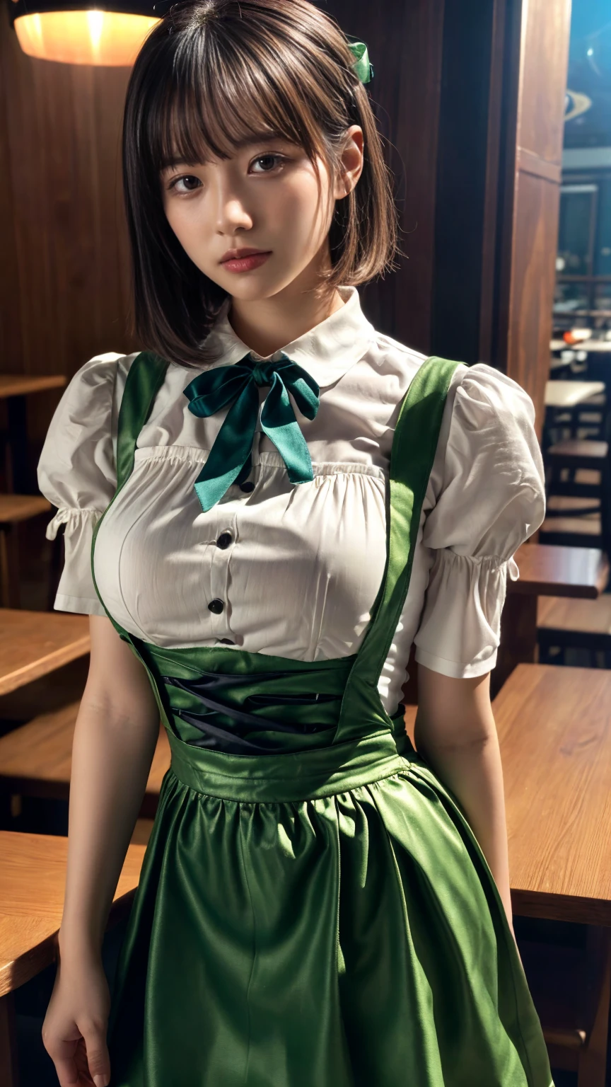 (absurdres:1.3), (highres:1.3), (ultra detailed:1.3),(1girl:1.3), (extremely detailed CG unity 8k wallpaper:1.3), (detailed skin texture, detailed cloth texture, detailed hair texture), (beautiful detailed face, supermodel, pale skin, realistic glistening skin), (RAW photo, best quality), (realistic, photo-realistic:1.4), masterpiece, extremely delicate and beautiful,Amazing, finely detail, extremely detailed CG unity 8k wallpaper, huge filesize, ultra-detailed, highres, absurdres, soft light,rim light, vibrant details, hotel room, short bob hair, (large breasts:1.2), black hair color, Big Natural Color Lip, (perfect body shape), beautiful legs, BREAK (fusion of dirndl and short sleeve white collared-shirt with neck ribbon:1.4), ((A-line, underboobs, puff sleeves):1.3), ((deep-green Pinafore):1.3), thighs skin, Restaurant, Serving customers inside the restaurant. crying a little、 Harajuku style、20 year old girl、cute type、ta、