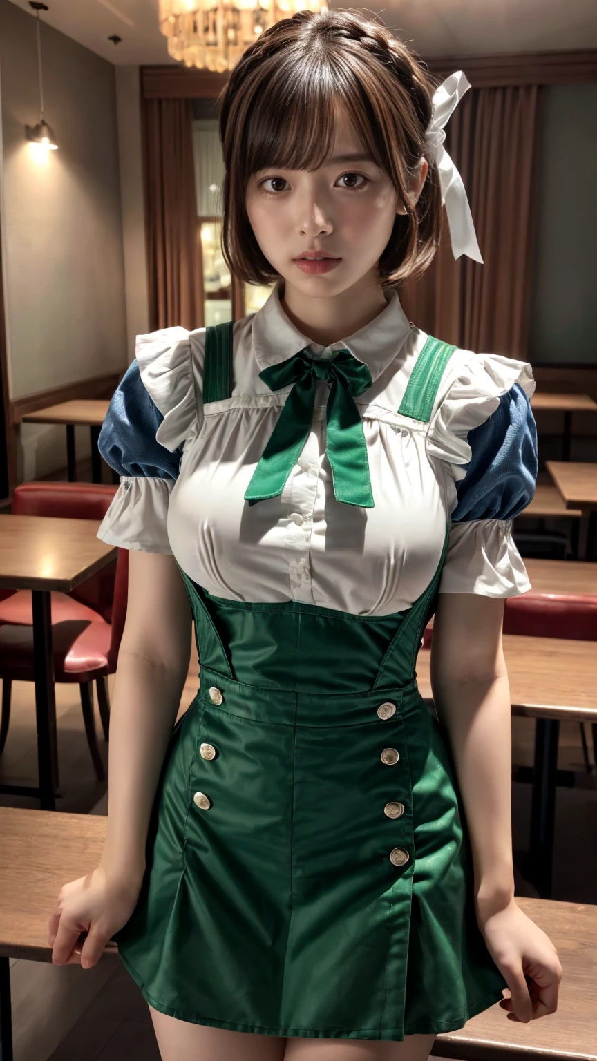 (absurdres:1.3), (highres:1.3), (ultra detailed:1.3),(1girl:1.3), (extremely detailed CG unity 8k wallpaper:1.3), (detailed skin texture, detailed cloth texture, detailed hair texture), (beautiful detailed face, supermodel, pale skin, realistic glistening skin), (RAW photo, best quality), (realistic, photo-realistic:1.4), masterpiece, extremely delicate and beautiful,Amazing, finely detail, extremely detailed CG unity 8k wallpaper, huge filesize, ultra-detailed, highres, absurdres, soft light,rim light, vibrant details, hotel room, short bob hair, (large breasts:1.2), black hair color, Big Natural Color Lip, (perfect body shape), beautiful legs, BREAK (fusion of dirndl and short sleeve white collared-shirt with neck ribbon:1.4), ((A-line, underboobs, puff sleeves):1.3), ((deep-green Pinafore):1.3), thighs skin, Restaurant, Serving customers inside the restaurant. crying a little、 Harajuku style、20 year old girl、cute type、lolita、
