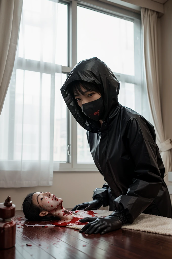 korean girl, (behind ??????, surgical mask), blood splatter, holding knife, stabbing, black gloves, room ?????????????, transparent raincoat, hood up, holding knife, black gloves, behind ??????, short hair, night, mass murderer, robbery, in the hotel, light from the window
