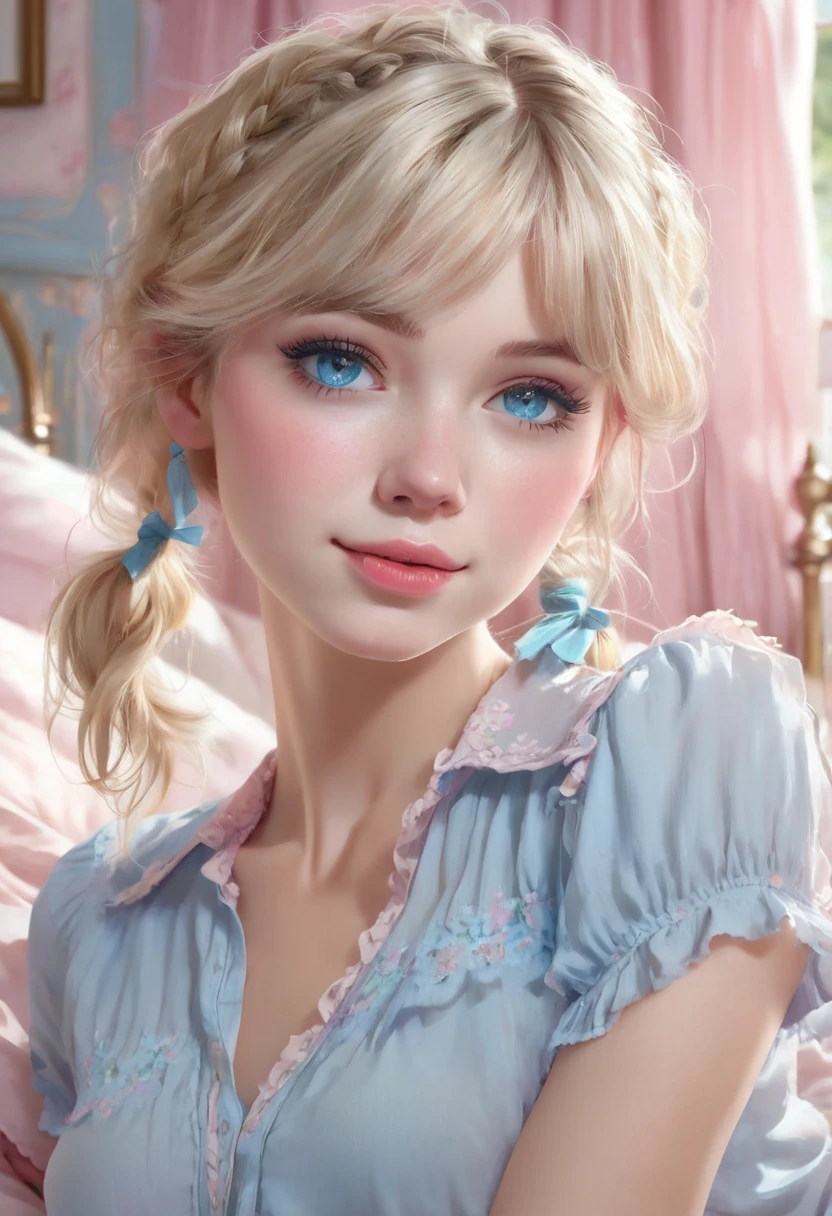1 woman, inside a shabby chic bedroom in light pink tones, wearing a modern light blue blouse, detailed facial features, detailed feminine blue eyes, detailed light skin, short straight blonde hair with double pigtails, soft lighting, expression of joy on the face, warm cinematic composition, luminous atmosphere, charming face, cute and delicate chin, beautiful and feminine girl, 20 years old (best quality, 4K, 8K, high resolution, art: 1.2), ultra-detailed, (realistic, photorealistic, photorealistic: 1.37)
